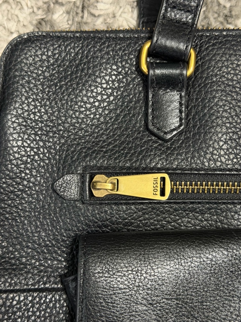 Fossil Black Leather 1 main Compartment and 3 zippered Tote with Key Charm - Picture 3 of 14